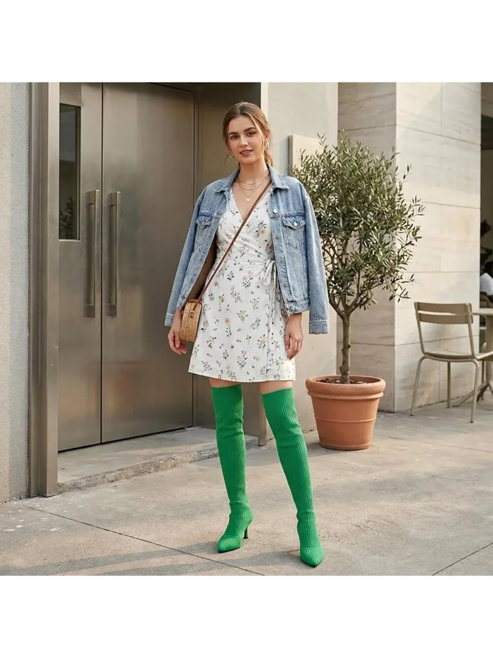 Women's Green Pointed Toe Synthetic High Heel Stretch Over The Knee Knit Boots